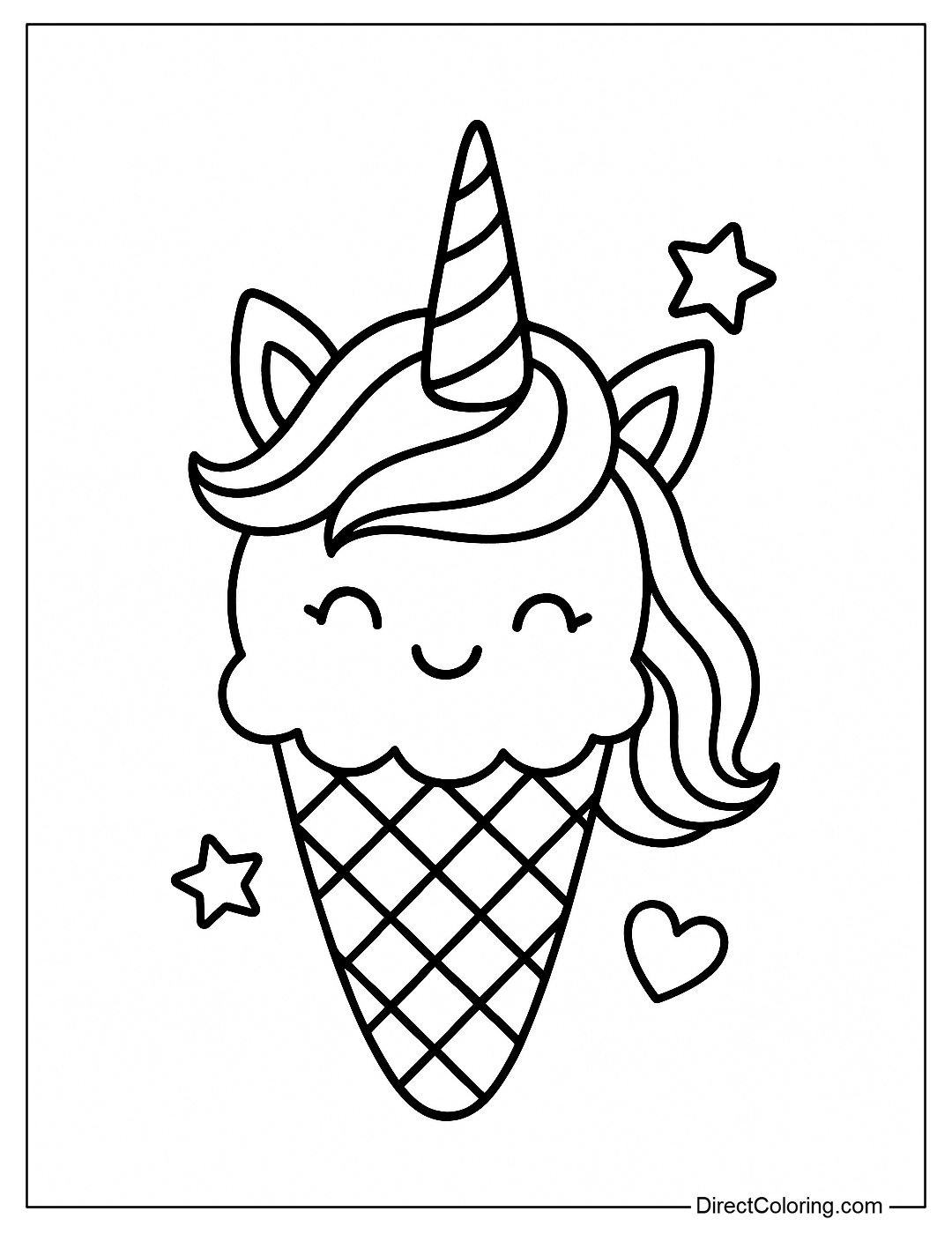 a coloring page of an ice cream cone with a unicorn horn, ears and fluffy hair.